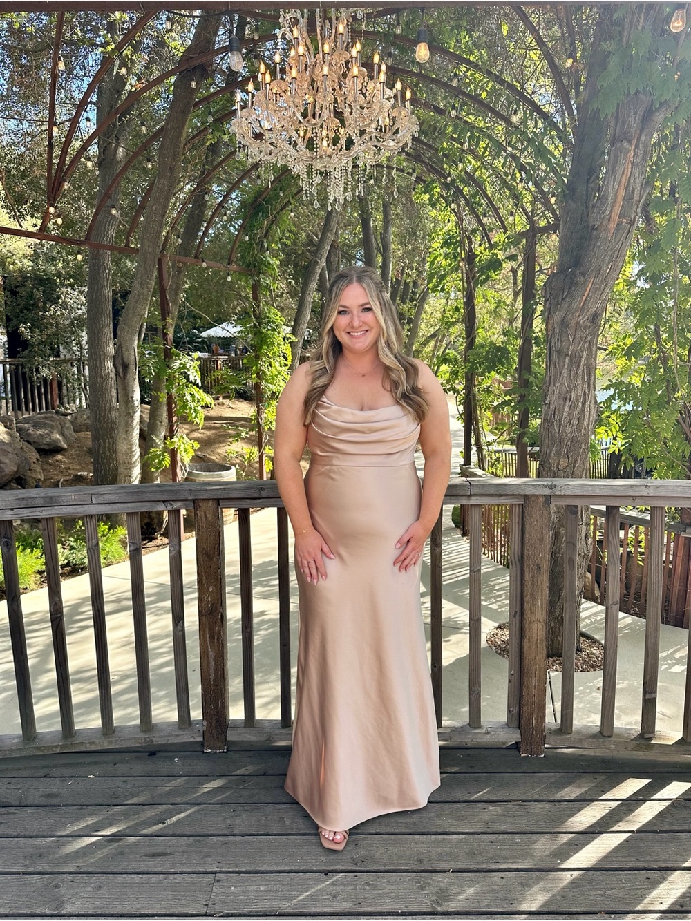 Revelry Skye Satin Dress in color “Gold Champagne”